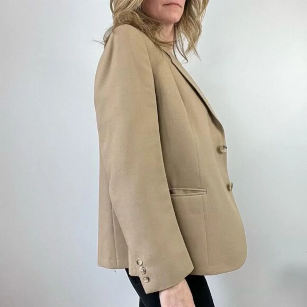 Vintage Women’s Medium Tan Wool Classic Suit Jacket Blazer Sports Coat 2 Button - Picture 4 of 14
